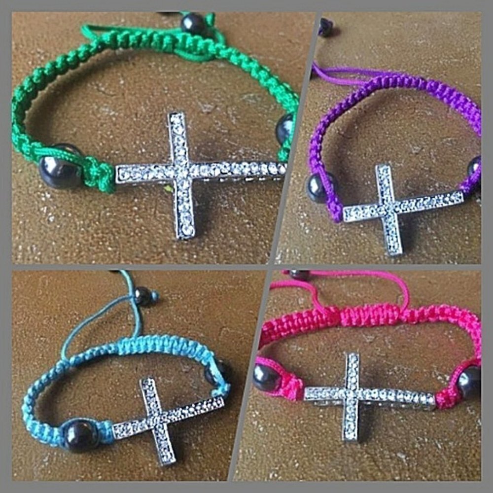 Big Cross Crystal Macrame Religious Bracelet Adjustable
